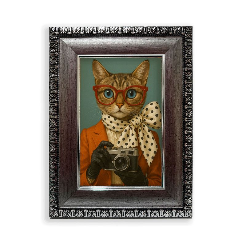 GENERICO - Cuadro 15x20 cm Marco Plateado  Gata Fotógrafa Retro