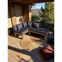 MIARUSTE - TERRAZA RÚSTICA ELE 4 CUERPOS MADERA COLOR ROBLE COJINERÍA GRIS OSCURO