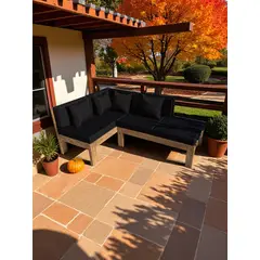 MIARUSTE - TERRAZA RÚSTICA ELE 4 CUERPOS MADERA COLOR ROBLE COJINERÍA NEGRO