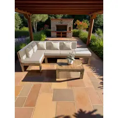 MIARUSTE - TERRAZA RÚSTICA ELE 5 CUERPOS MADERA COLOR ROBLE COJINERÍA CRUDO