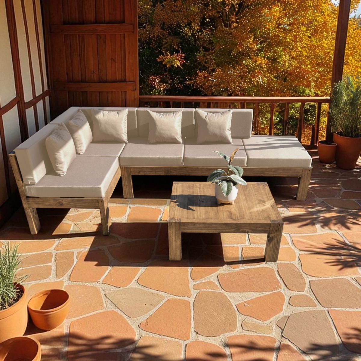 MIARUSTE - TERRAZA RÚSTICA MIARUSTE ELE 5 CUERPOS MADERA COLOR ROBLE COJINERÍA BEIGE