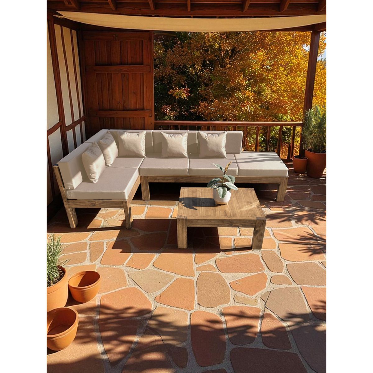 MIARUSTE - TERRAZA RÚSTICA MIARUSTE ELE 5 CUERPOS MADERA COLOR ROBLE COJINERÍA BEIGE