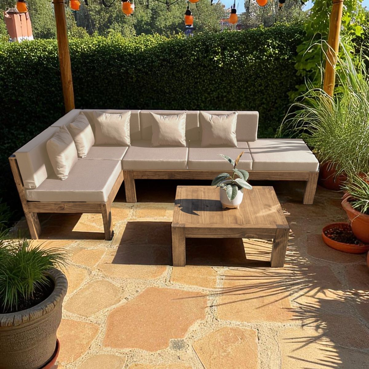 MIARUSTE - TERRAZA RÚSTICA MIARUSTE ELE 5 CUERPOS MADERA COLOR ROBLE COJINERÍA BEIGE