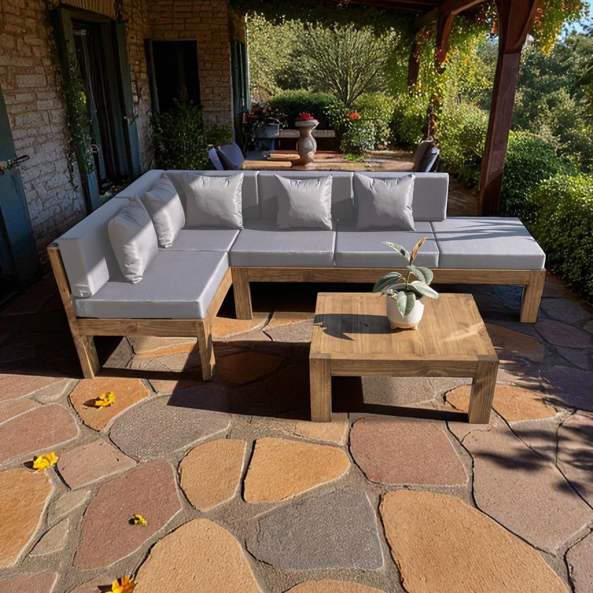 MIARUSTE - TERRAZA RÚSTICA MIARUSTE ELE 5 CUERPOS MADERA COLOR ROBLE COJINERÍA GRIS MEDIO.