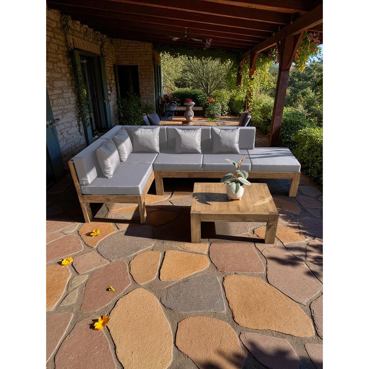 MIARUSTE - TERRAZA RÚSTICA MIARUSTE ELE 5 CUERPOS MADERA COLOR ROBLE COJINERÍA GRIS MEDIO.