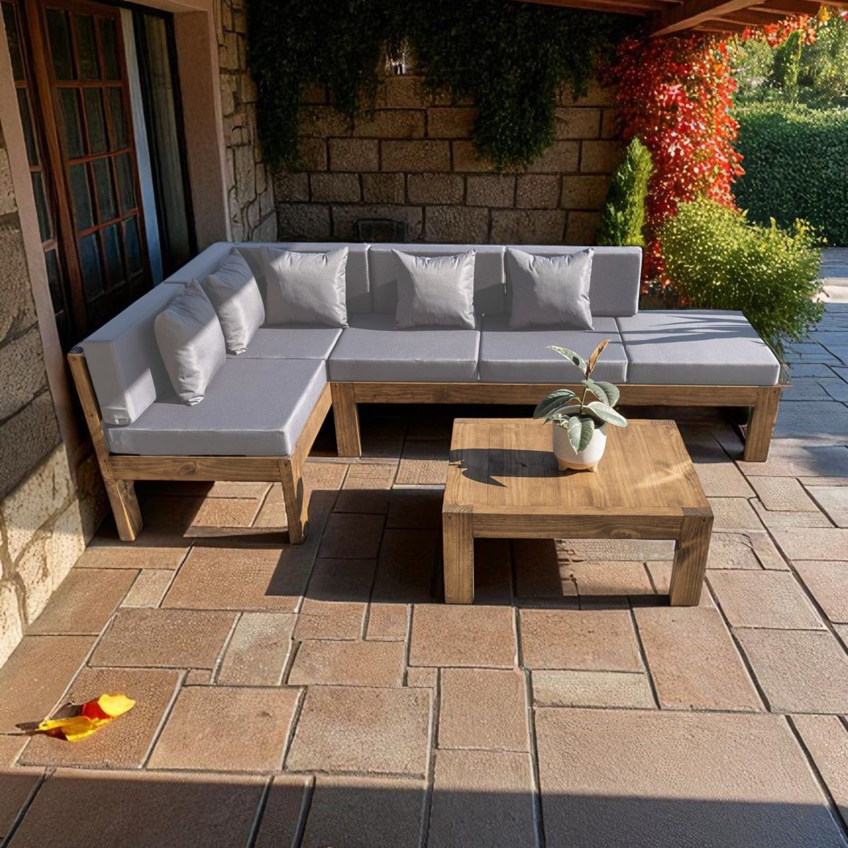 MIARUSTE - TERRAZA RÚSTICA MIARUSTE ELE 5 CUERPOS MADERA COLOR ROBLE COJINERÍA GRIS MEDIO.