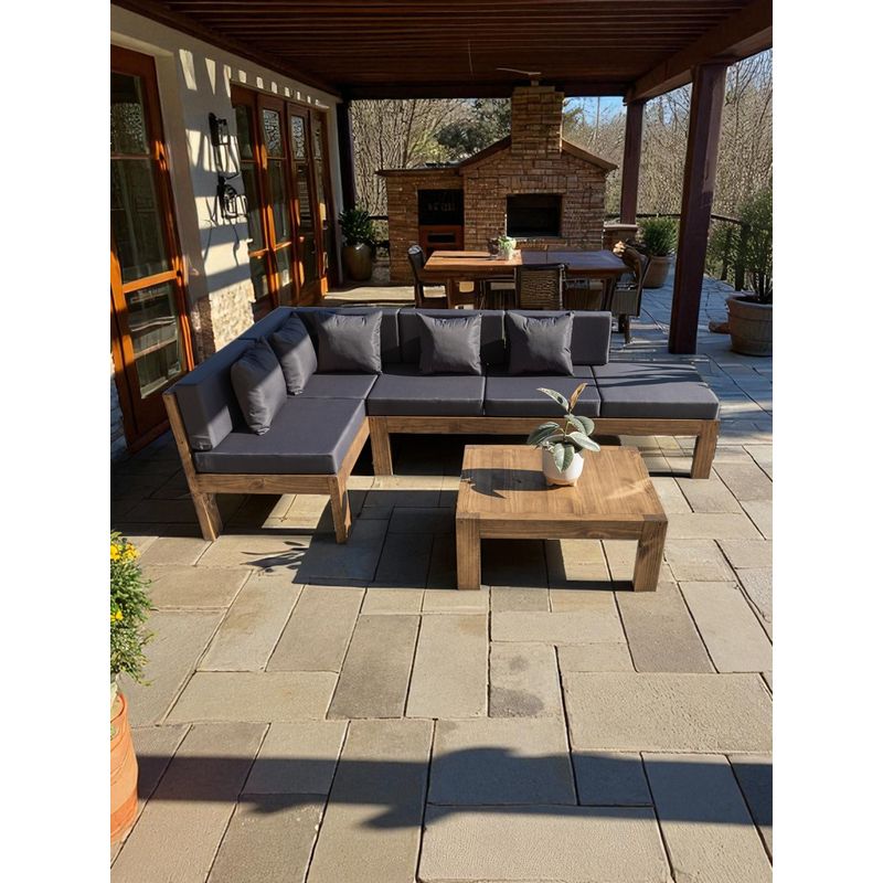 MIARUSTE - TERRAZA RÚSTICA MIARUSTE ELE 5 CUERPOS MADERA COLOR ROBLE COJINERÍA GRIS OSCURO
