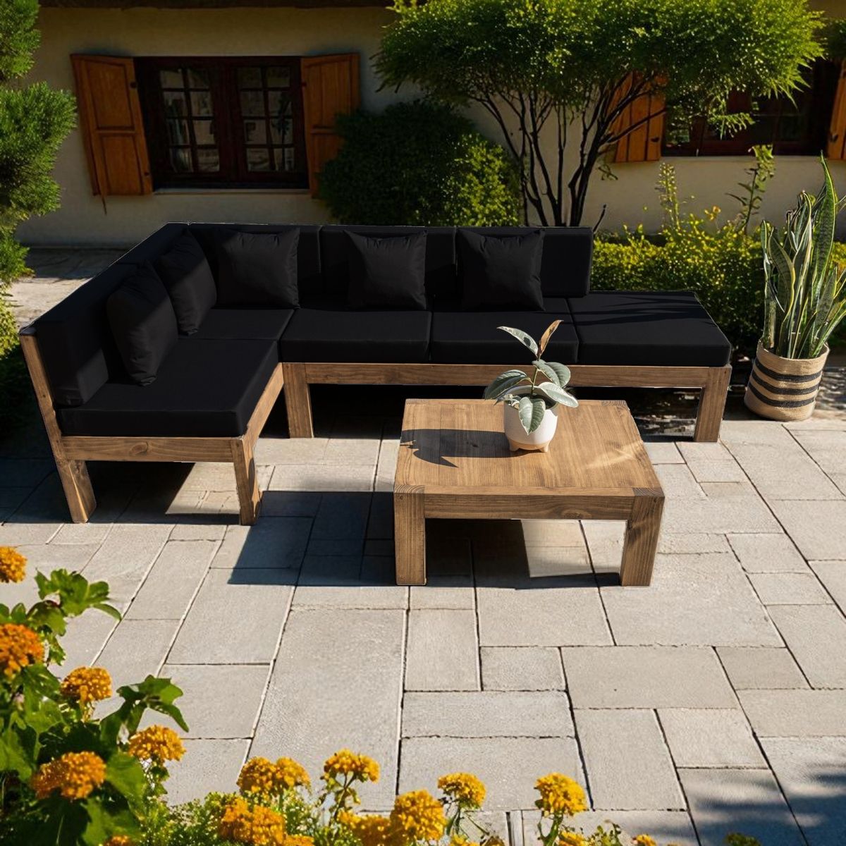 MIARUSTE - TERRAZA RÚSTICA MIARUSTE ELE 5 CUERPOS MADERA COLOR ROBLE COJINERÍA NEGRO