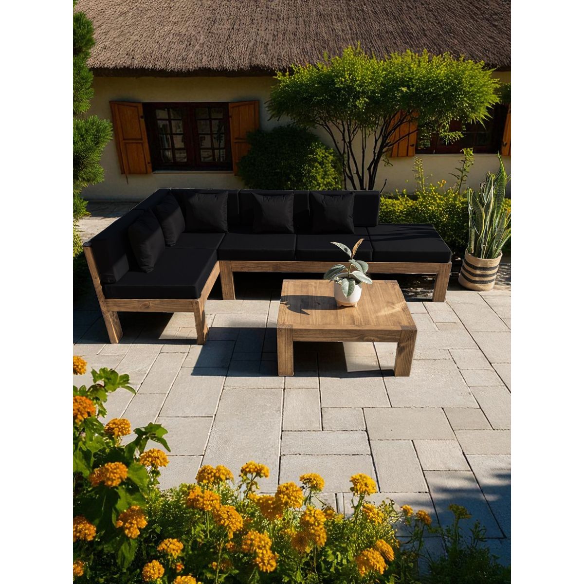 MIARUSTE - TERRAZA RÚSTICA MIARUSTE ELE 5 CUERPOS MADERA COLOR ROBLE COJINERÍA NEGRO