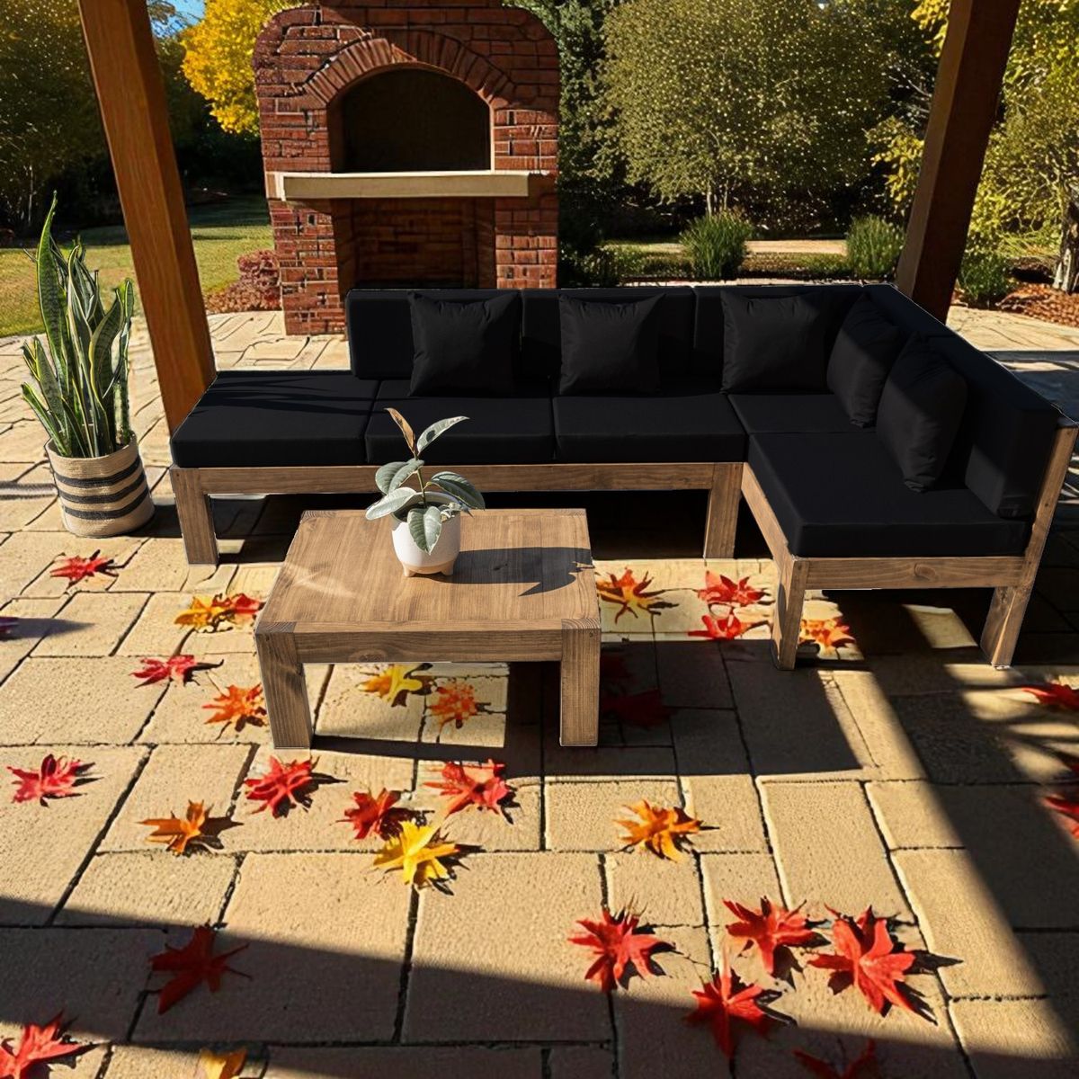 MIARUSTE - TERRAZA RÚSTICA MIARUSTE ELE 5 CUERPOS MADERA COLOR ROBLE COJINERÍA NEGRO