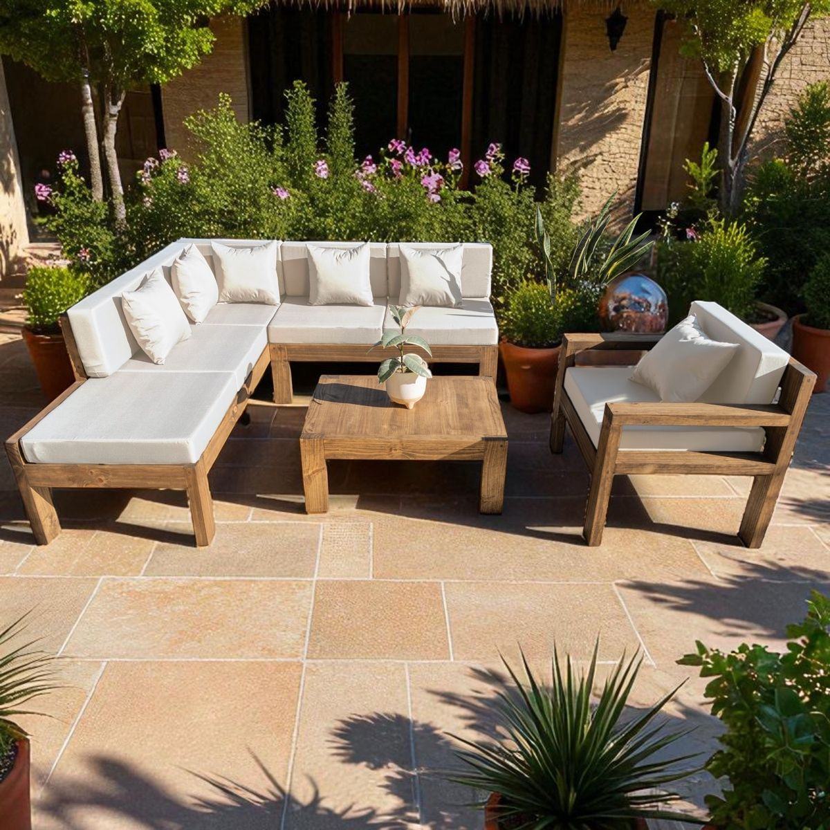 MIARUSTE - TERRAZA RÚSTICA MIARUSTE ELE 6 CUERPOS MADERA COLOR ROBLE COJINERÍA CRUDO V1