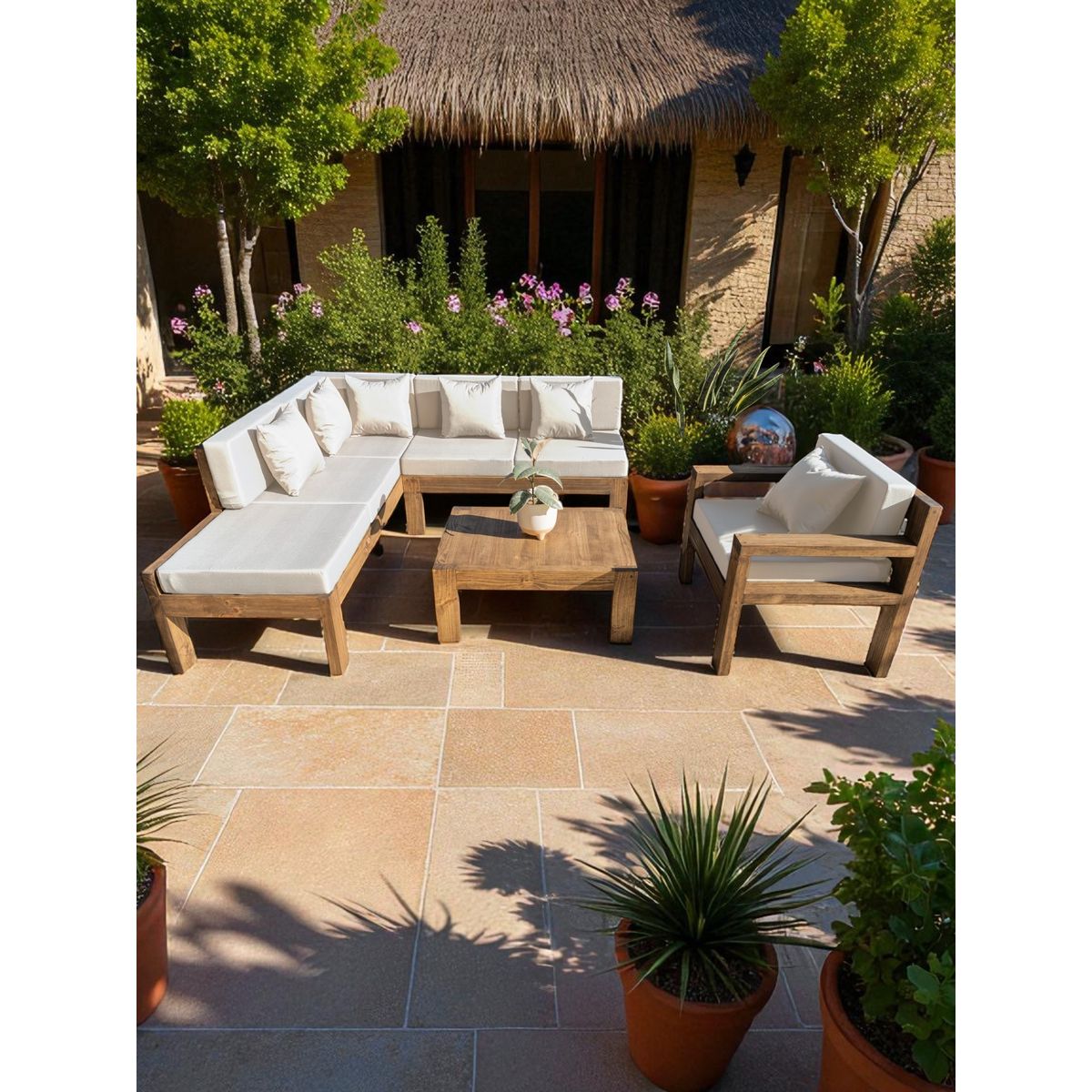 MIARUSTE - TERRAZA RÚSTICA MIARUSTE ELE 6 CUERPOS MADERA COLOR ROBLE COJINERÍA CRUDO V1