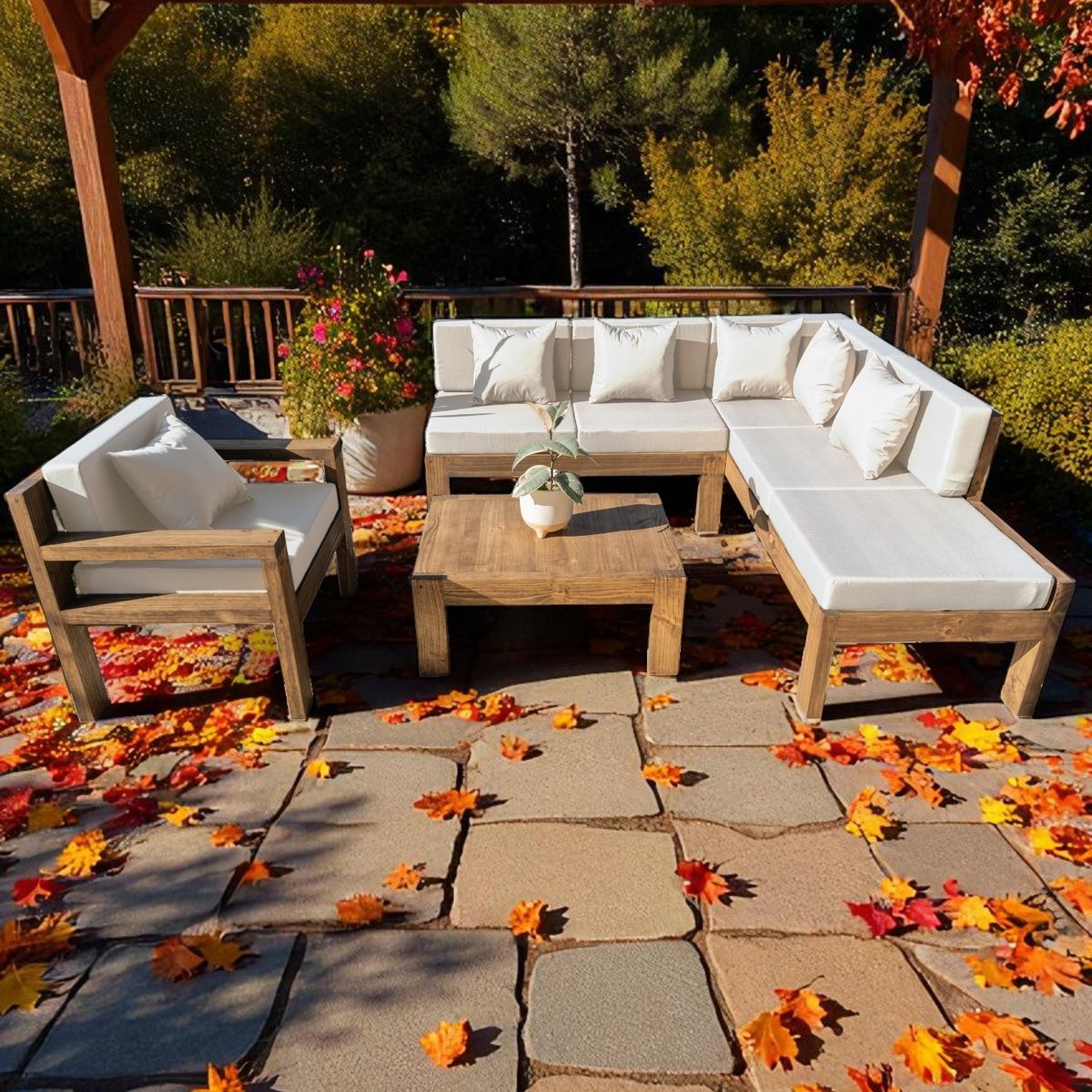 MIARUSTE - TERRAZA RÚSTICA MIARUSTE ELE 6 CUERPOS MADERA COLOR ROBLE COJINERÍA CRUDO V1