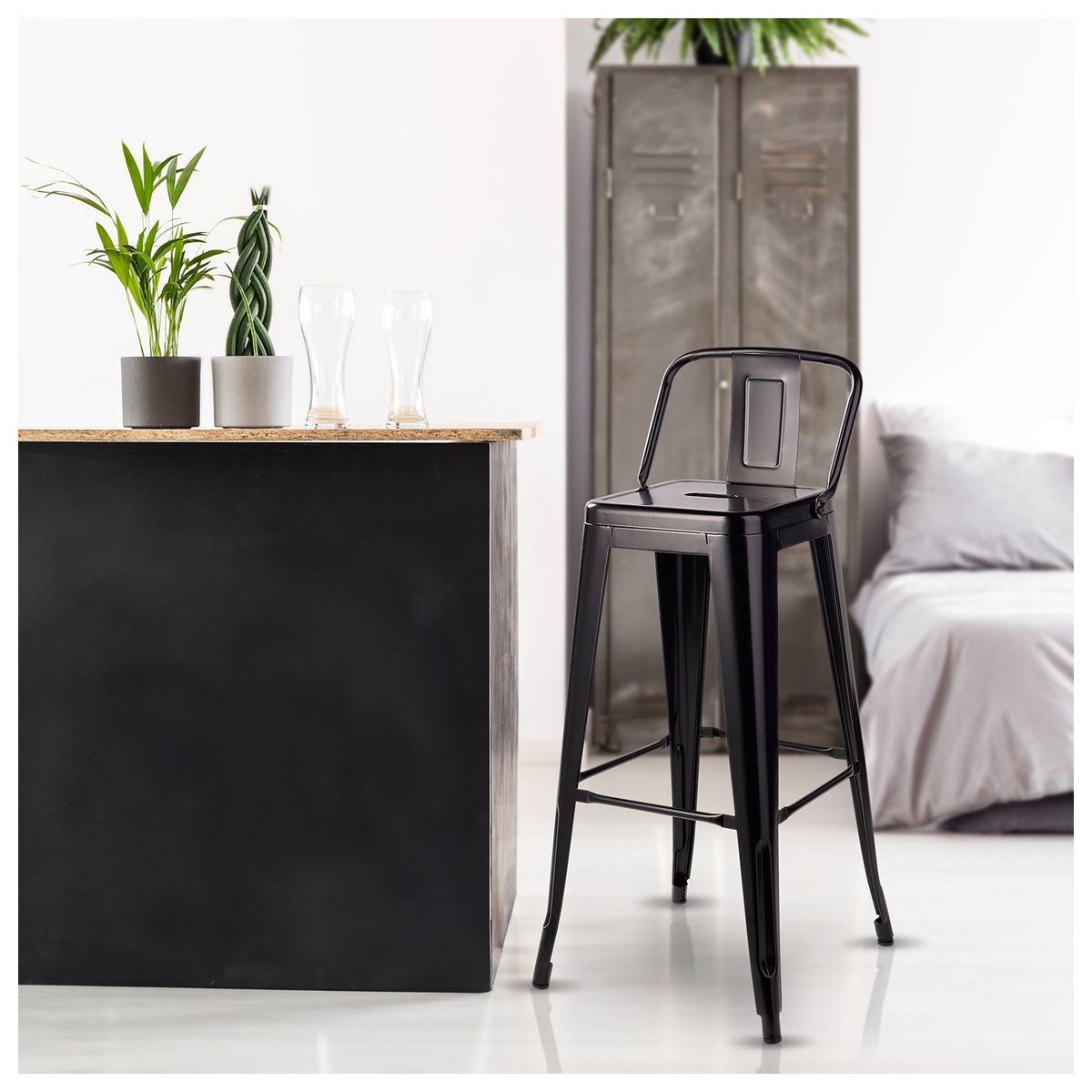 NOVAHUS - Piso Taburete Tolix Con Respaldo - Negro