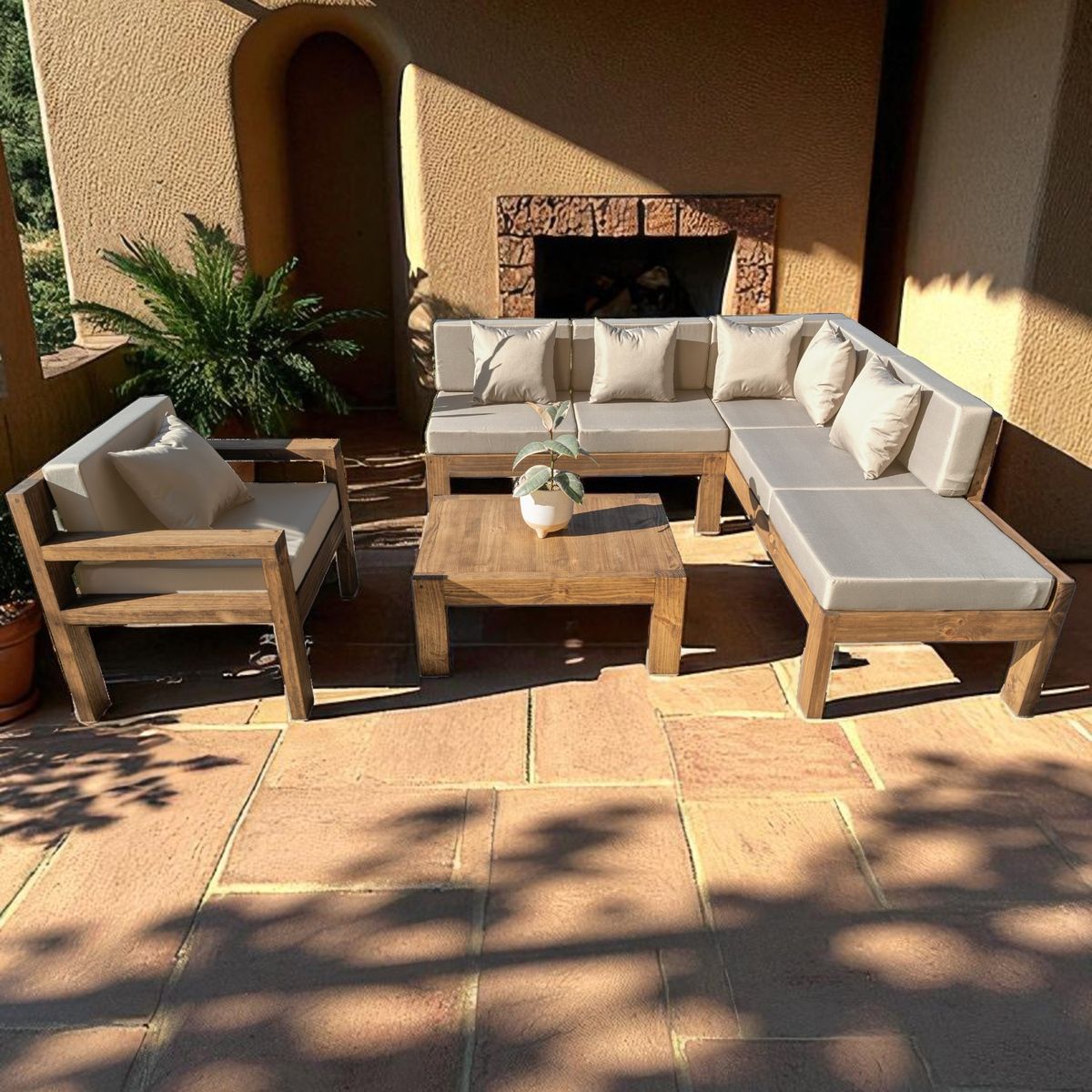 MIARUSTE - TERRAZA RÚSTICA MIARUSTE ELE 6 CUERPOS MADERA COLOR ROBLE COJINERÍA BEIGE V1