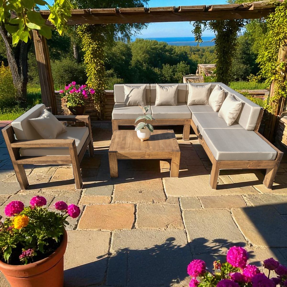 MIARUSTE - TERRAZA RÚSTICA MIARUSTE ELE 6 CUERPOS MADERA COLOR ROBLE COJINERÍA BEIGE V1