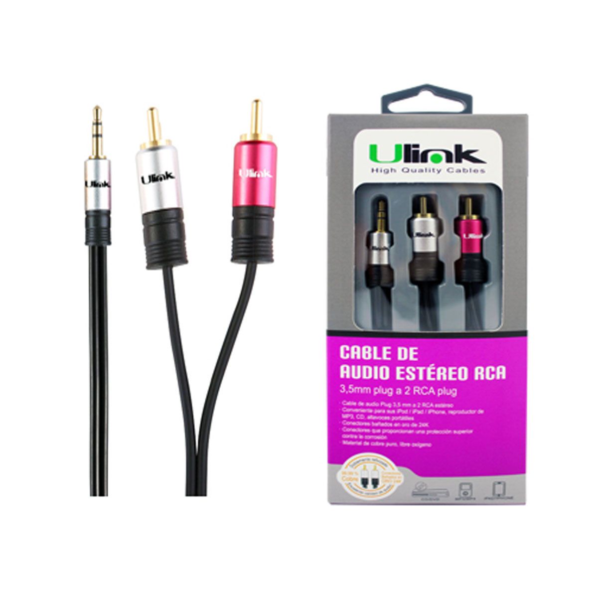 ULINK - CABLE DE AUDIO 3.5 A 2 RCA DE 1,8 MTS. PREMIUM