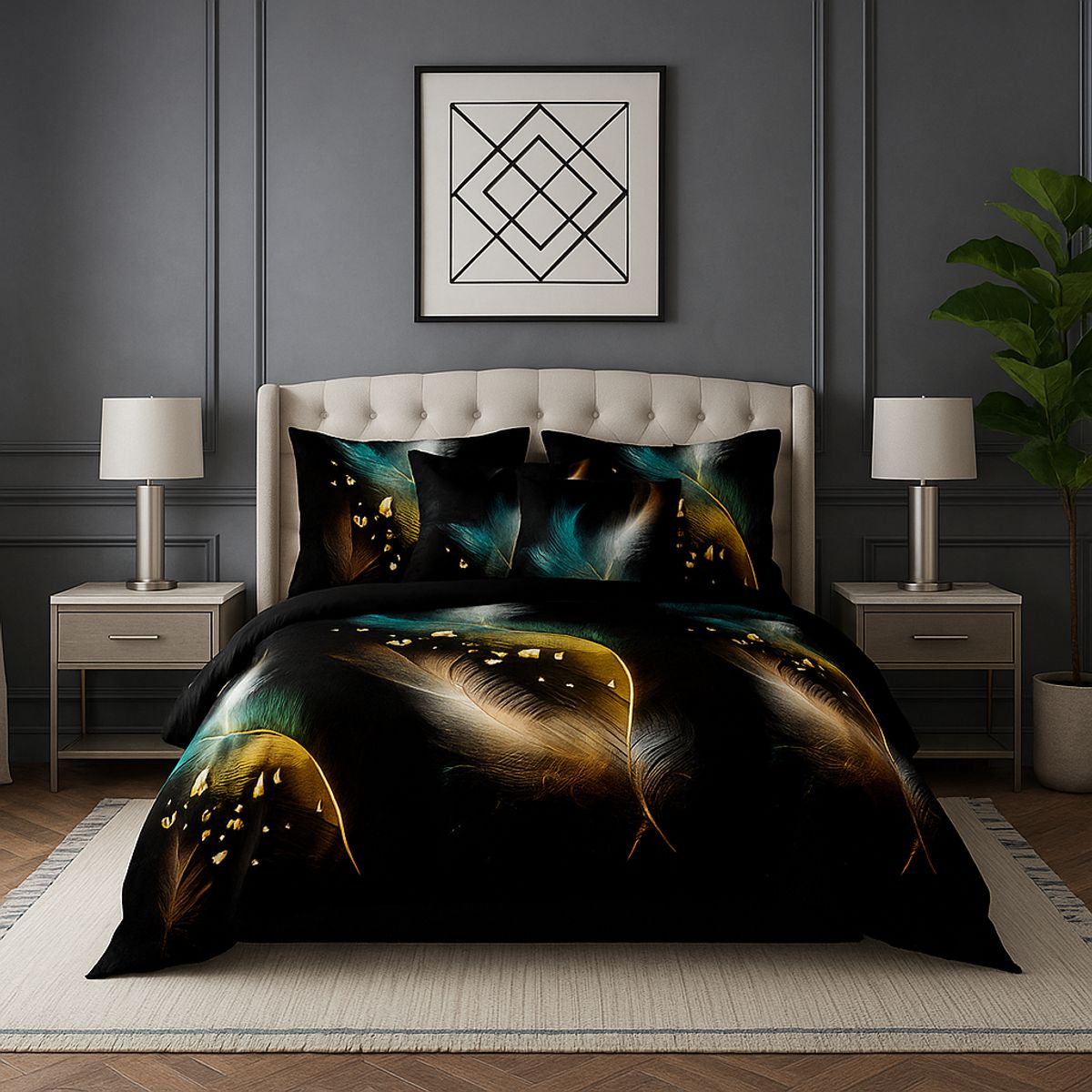 ARMONIA - Cobertor king plumas doradas 25 plazas quilt reversible elegante 657