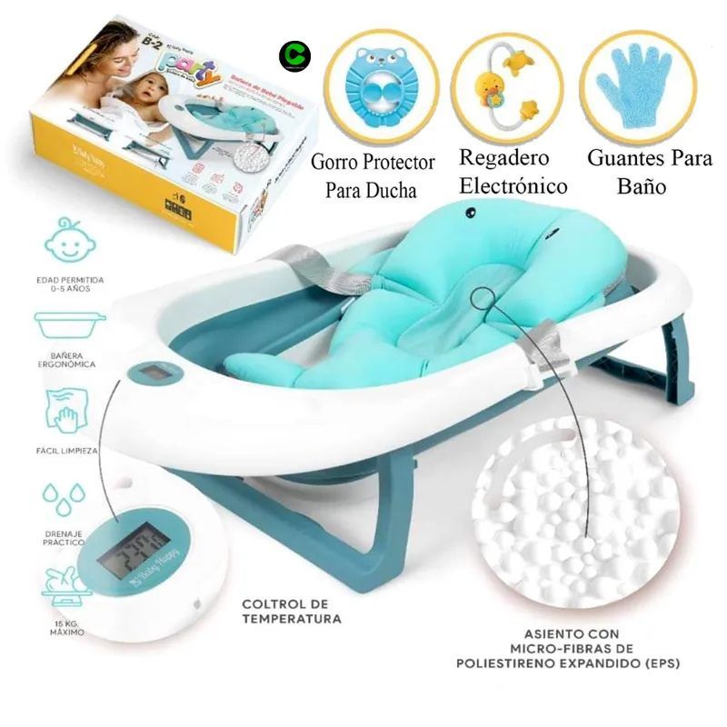 GENERICO - Bañera Plegable con Control de Temperatura y Accesorios Celeste