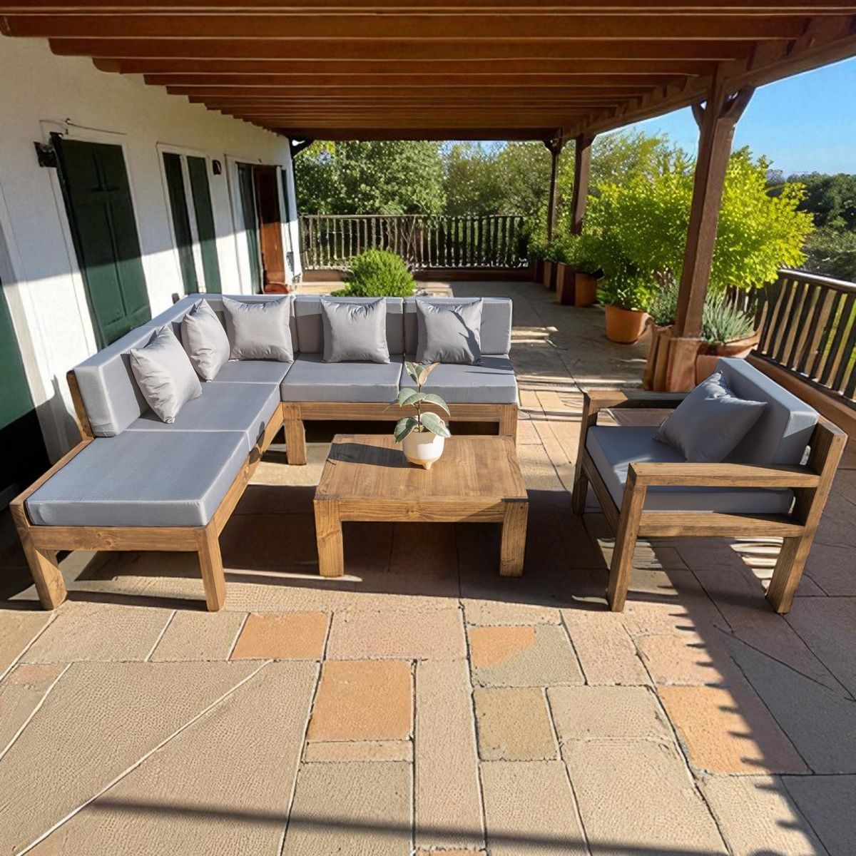 MIARUSTE - TERRAZA RÚSTICA MIARUSTE L 6 CUERPOS MADERA COLOR ROBLE COJINERÍA GRIS MEDIO V1