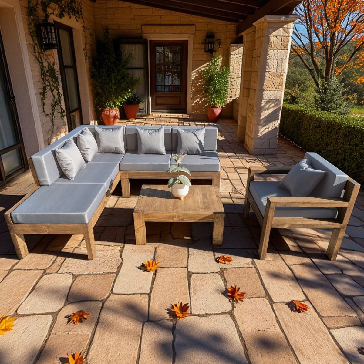 MIARUSTE - TERRAZA RÚSTICA MIARUSTE L 6 CUERPOS MADERA COLOR ROBLE COJINERÍA GRIS MEDIO V1