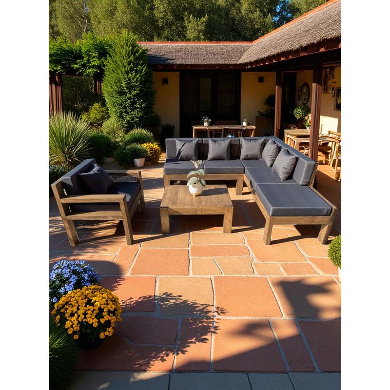 MIARUSTE - TERRAZA RÚSTICA MIARUSTE ELE 6 CUERPOS MADERA COLOR ROBLE COJINERÍA GRIS OSC. V1