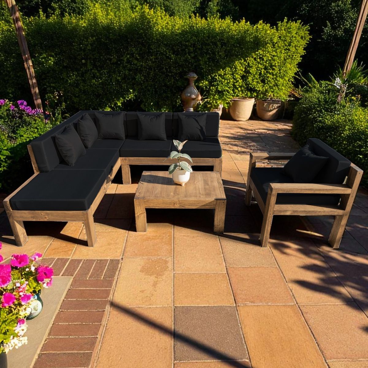 MIARUSTE - TERRAZA RÚSTICA MIARUSTE ELE 6 CUERPOS MADERA COLOR ROBLE COJINERÍA NEGRO V1