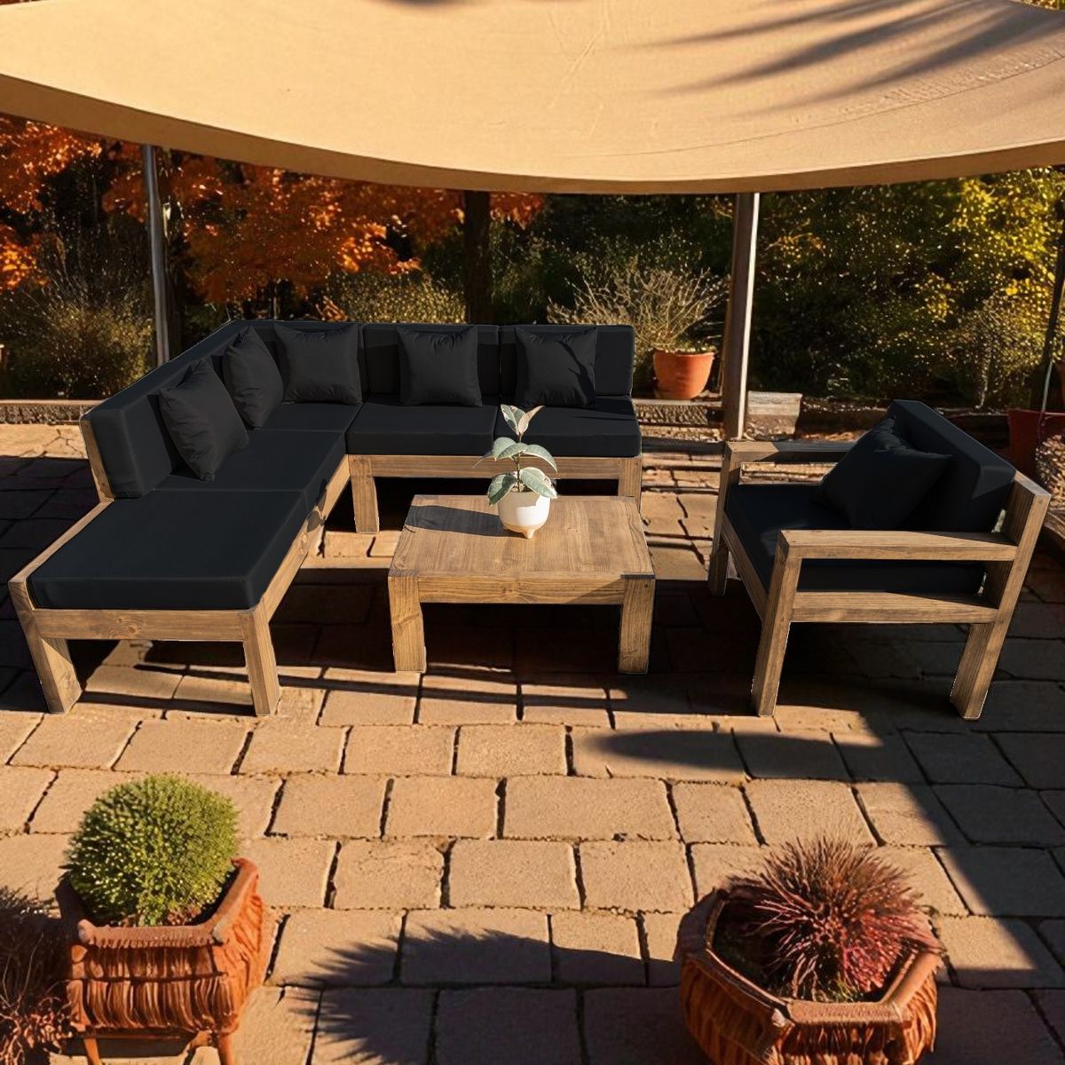 MIARUSTE - TERRAZA RÚSTICA MIARUSTE ELE 6 CUERPOS MADERA COLOR ROBLE COJINERÍA NEGRO V1