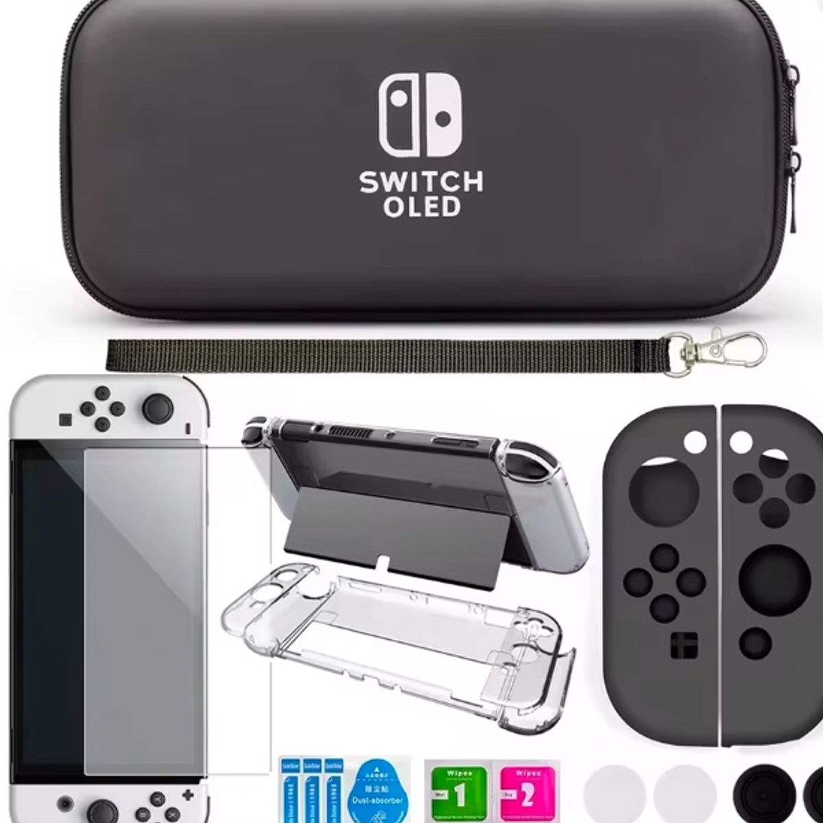 ATLAS - Genérica Funda OLED para Nintendo Switch y Película Negra de Vidrio Templado