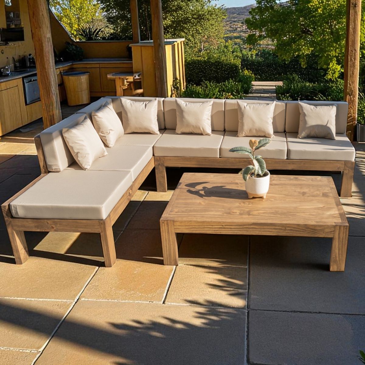 MIARUSTE - TERRAZA RÚSTICA MIARUSTE ELE 6 CUERPOS MADERA COLOR ROBLE COJINERÍA BEIGE V2