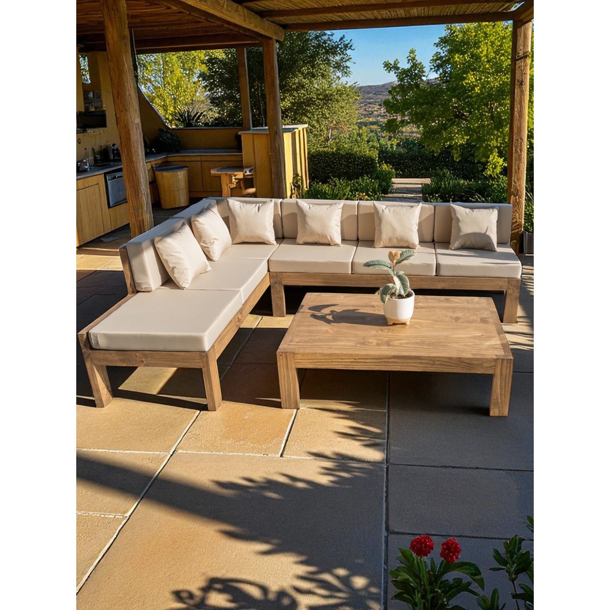 MIARUSTE - TERRAZA RÚSTICA MIARUSTE ELE 6 CUERPOS MADERA COLOR ROBLE COJINERÍA BEIGE V2