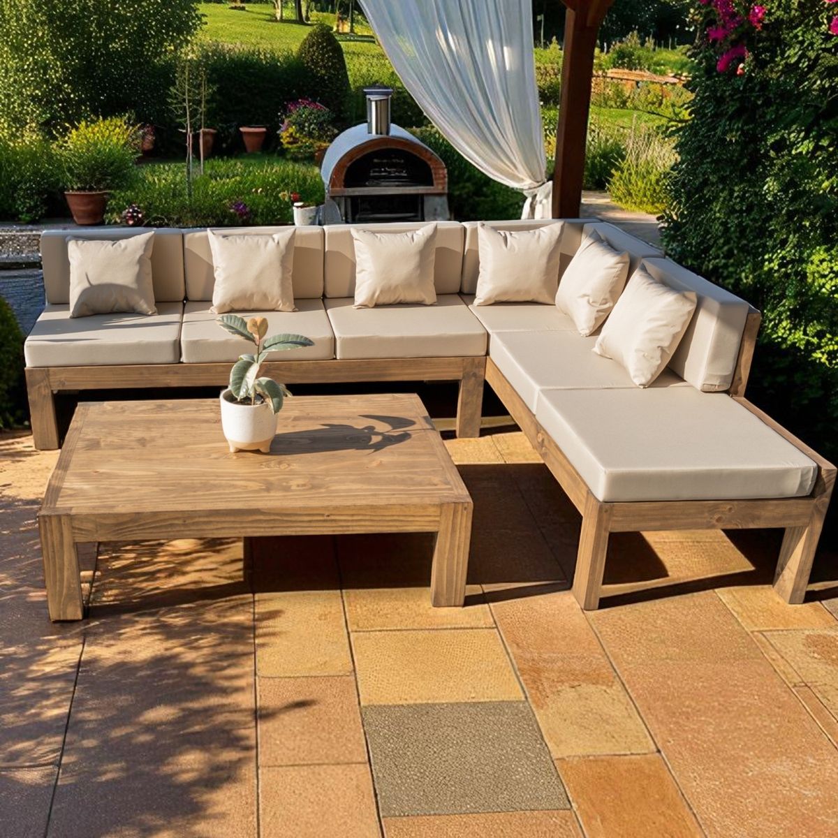 MIARUSTE - TERRAZA RÚSTICA MIARUSTE ELE 6 CUERPOS MADERA COLOR ROBLE COJINERÍA BEIGE V2