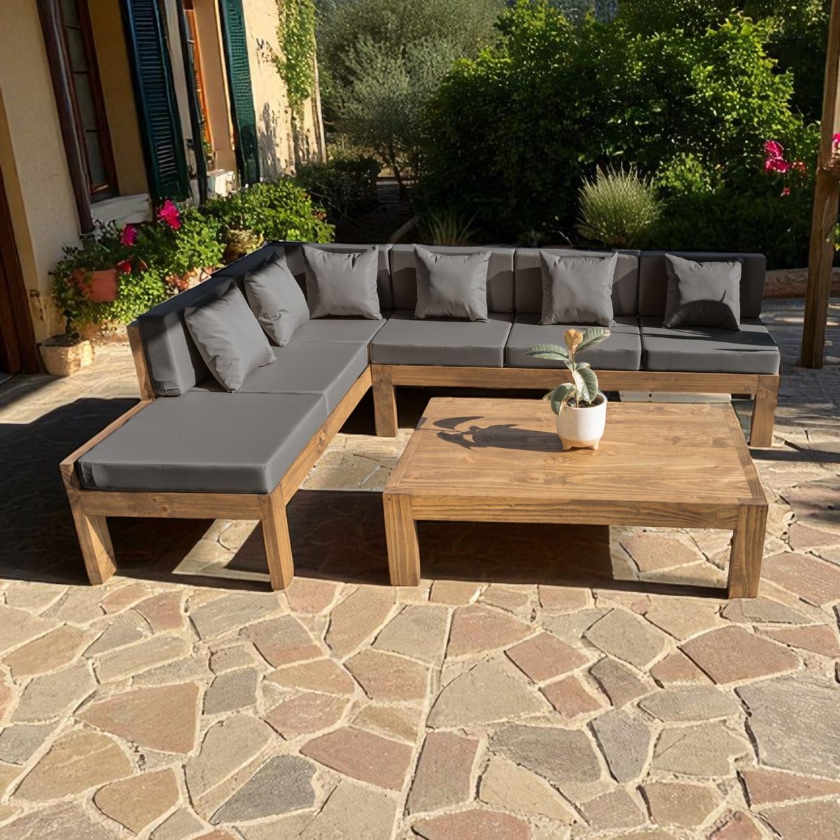 MIARUSTE - TERRAZA RÚSTICA MIARUSTE L 6 CUERPOS MADERA COLOR ROBLE COJINERÍA GRIS MEDIO V2