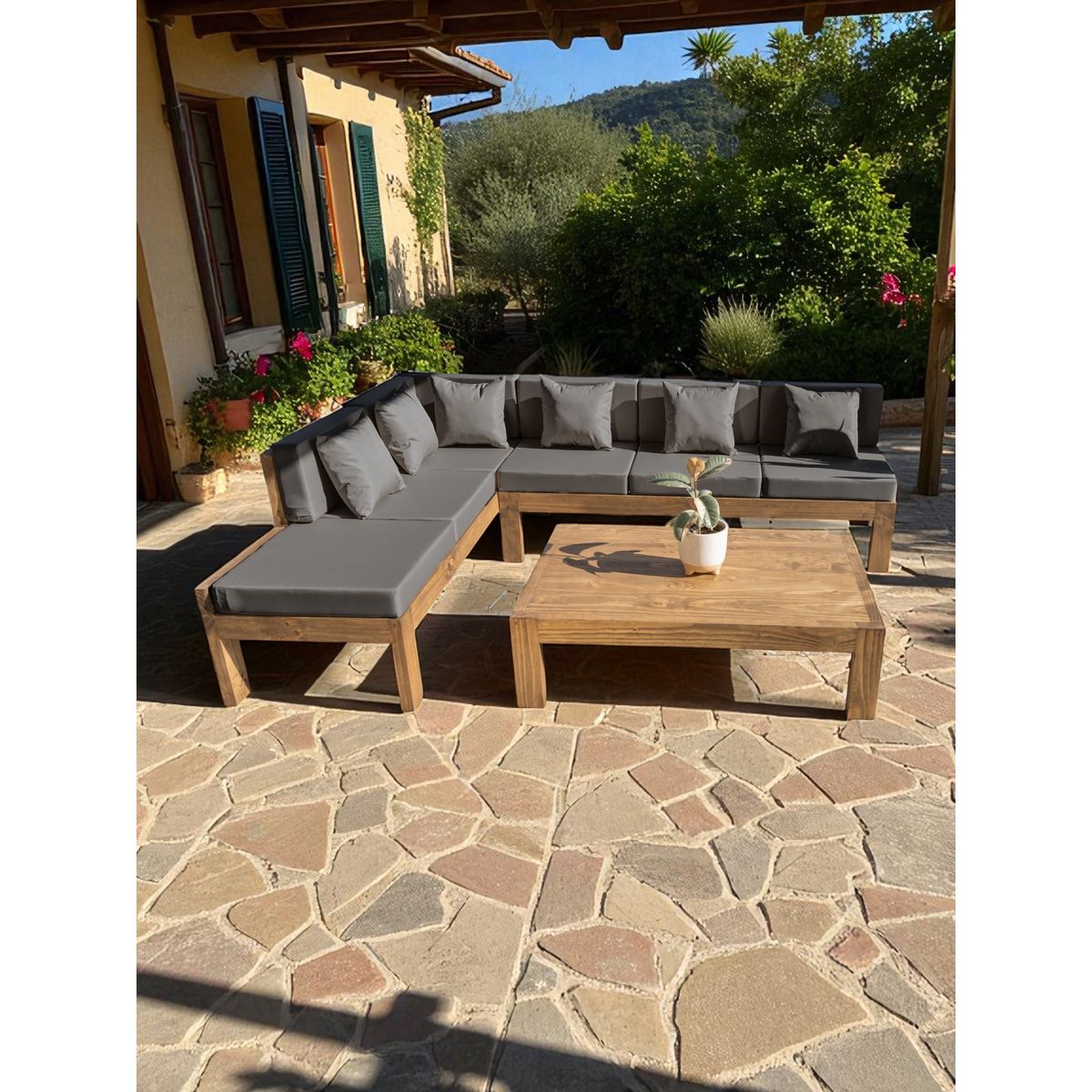 MIARUSTE - TERRAZA RÚSTICA MIARUSTE L 6 CUERPOS MADERA COLOR ROBLE COJINERÍA GRIS MEDIO V2