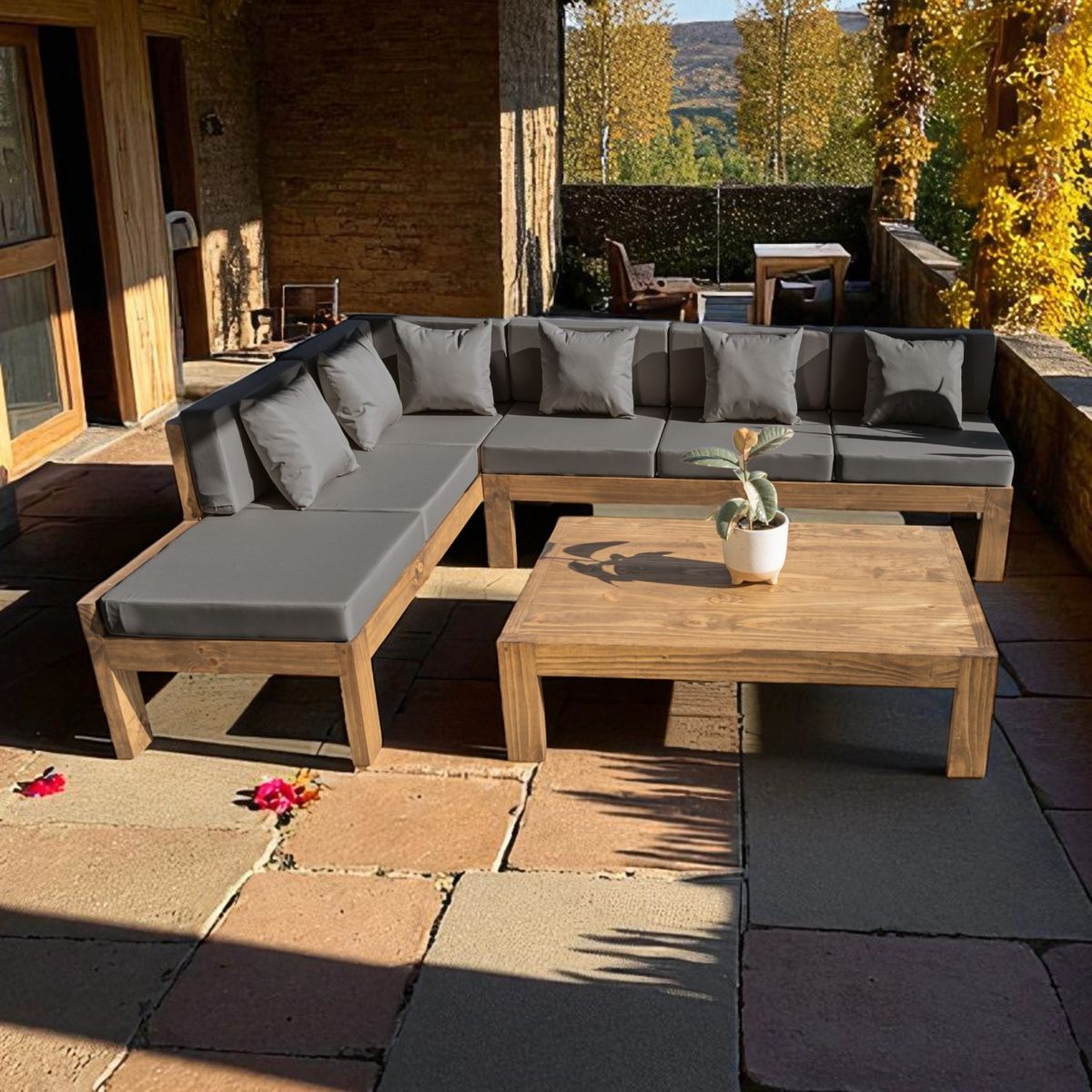 MIARUSTE - TERRAZA RÚSTICA MIARUSTE L 6 CUERPOS MADERA COLOR ROBLE COJINERÍA GRIS MEDIO V2