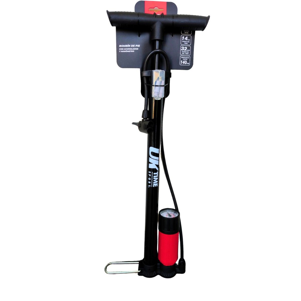 Bombín de pie UK Time Inflador con acumulador y manómetro, marca UK TIME - Foto Principal