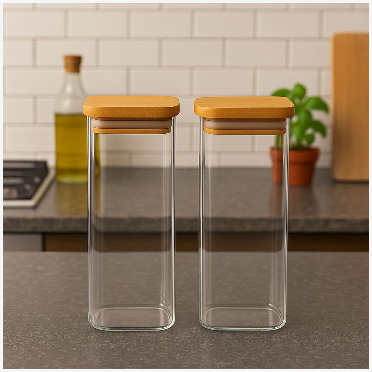 GENERICO - Set 2 Frascos Hermetico 680mL Cuadrado Vidrio 20cm Tapa Bambú