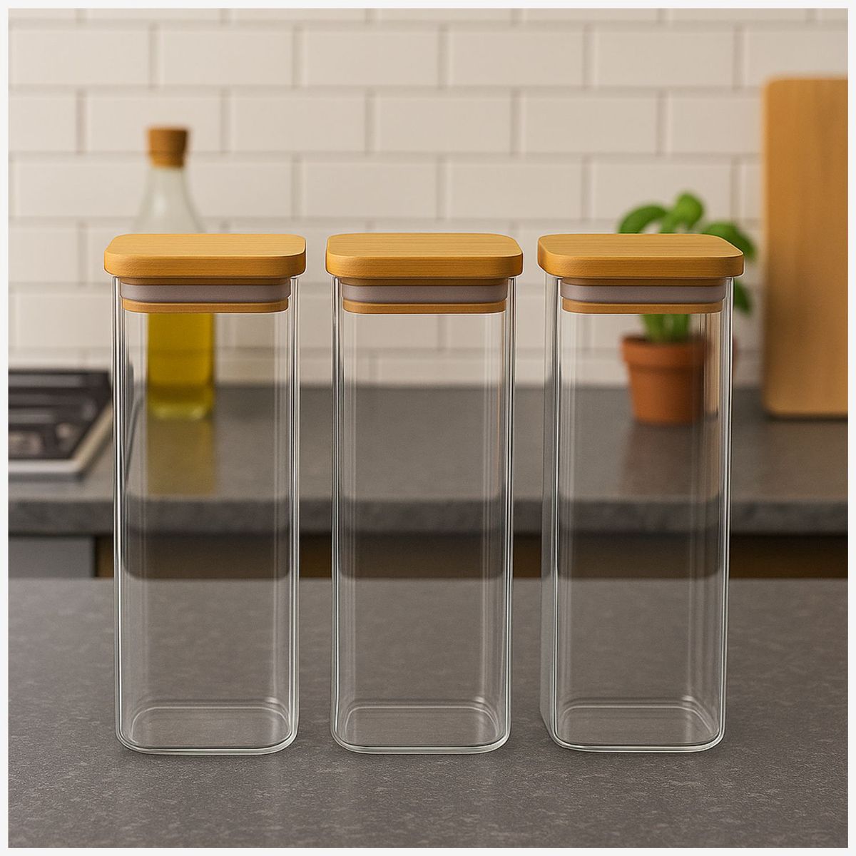 GENERICO - Set 3 Frascos Hermetico 680mL Cuadrado Vidrio 20cm Tapa Bambú