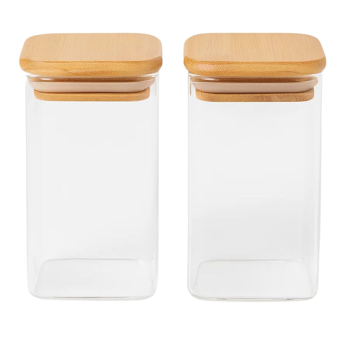 GENERICO - Set 2 Frasco Hermetico 600mL Vidrio Cuadrado 12cm Bambú