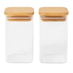 GENERICO - Set 2 Frasco Hermetico 600mL Vidrio Cuadrado 12cm Bambú