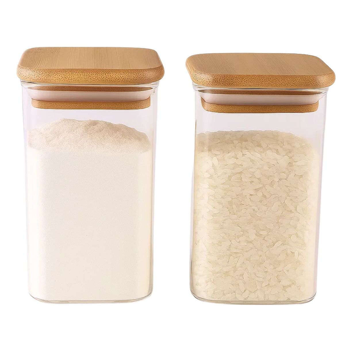 GENERICO - Set 2 Frasco Hermetico 600mL Vidrio Cuadrado 12cm Bambú