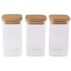 GENERICO - Set 3 Frasco Hermetico 600mL Vidrio Cuadrado 12cm Bambú