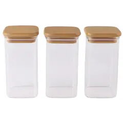 GENERICO - Set 3 Frascos Hermeticos Cuadrado 1100mL Vidrio 12cm Tapa Bambú