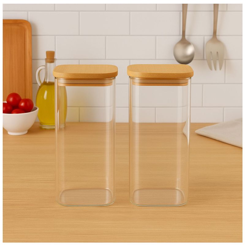 GENERICO - Set 2 Frascos Hermeticos Cuadrado 1400mL Vidrio 15cm Tapa Bambú