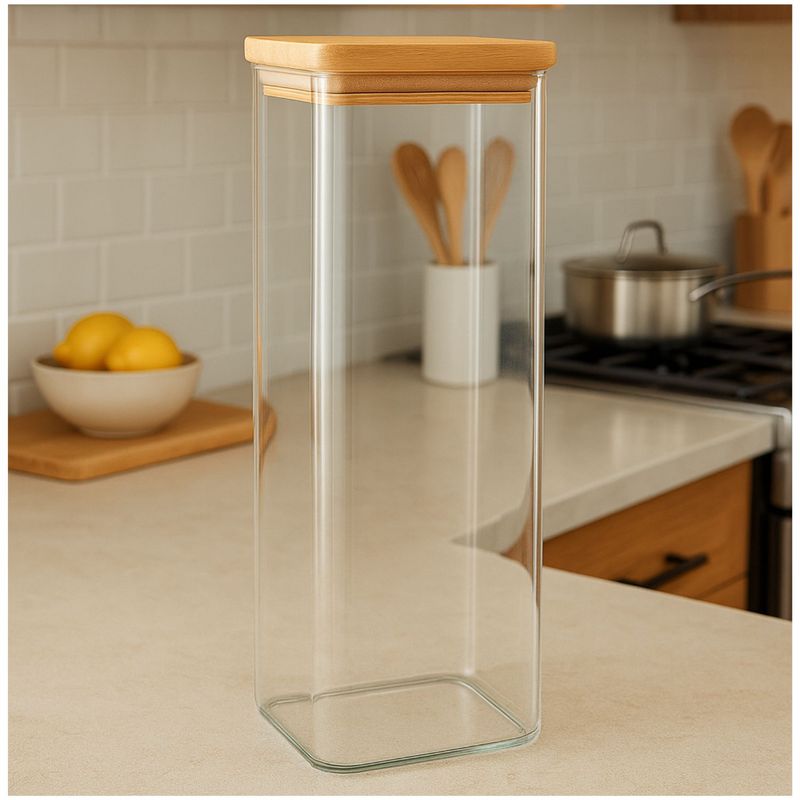 GENERICO - Frasco Hermetico Cuadrado 2400mL Vidrio 25cm Con Tapa Bambú