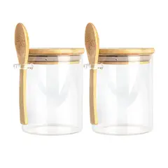 GENERICO - Set 2 Frascos Hermeticos 700mL 10cm Redondo Cuchara Tapa Bambú