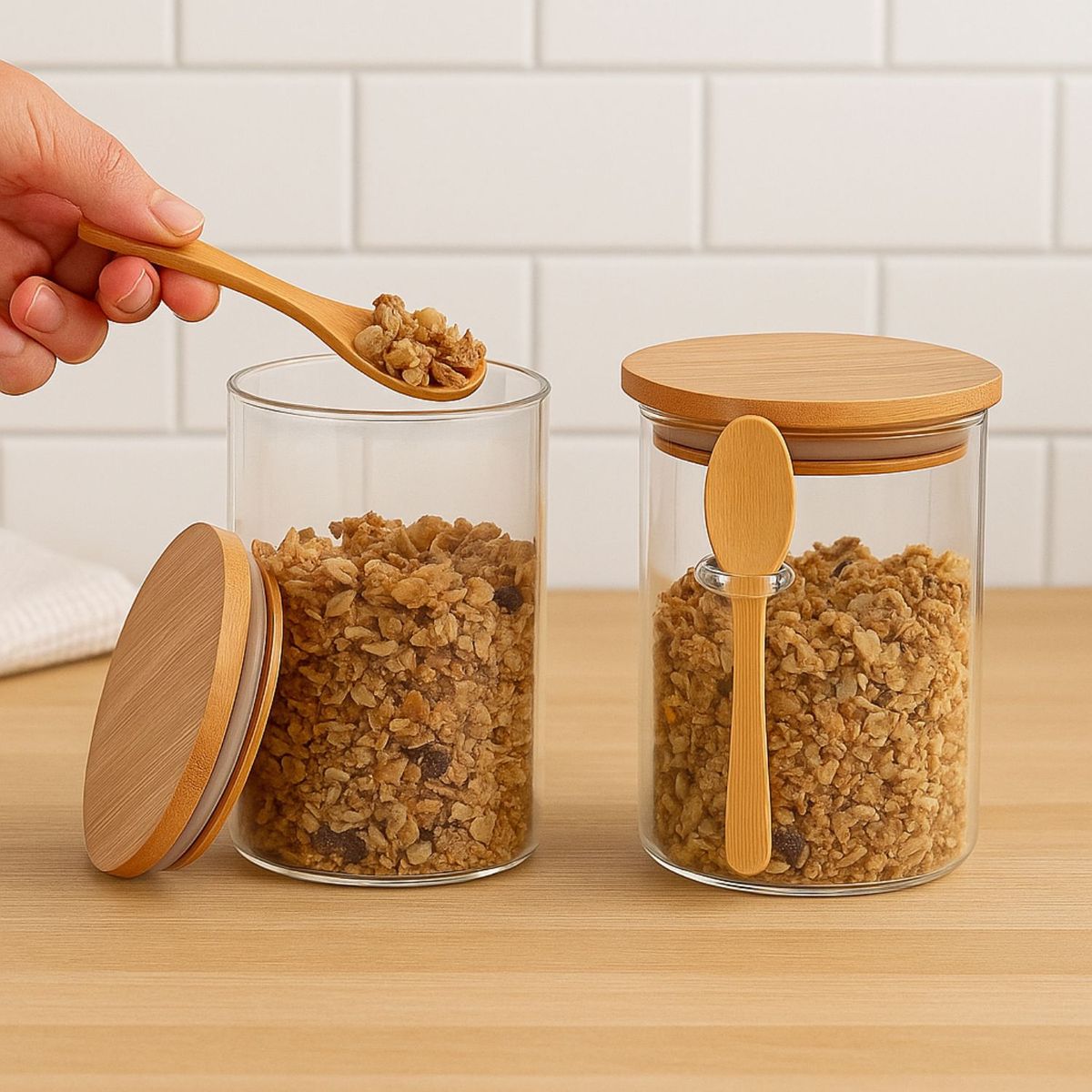 GENERICO - Set 2 Frascos Hermeticos 700mL 10cm Redondo Cuchara Tapa Bambú