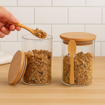 Imagen 2 del producto Set 2 Frascos Hermeticos 700mL 10cm Redondo Cuchara Tapa Bambú