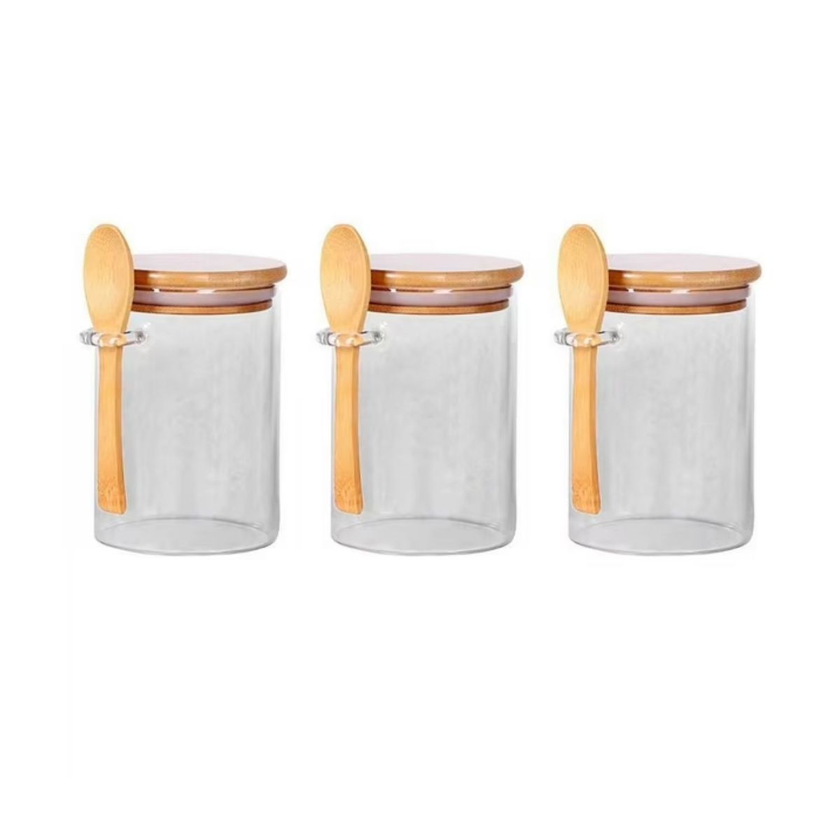 GENERICO - Set 3 Frascos Hermeticos 700mL 10cm Redondo Cuchara Tapa Bambú