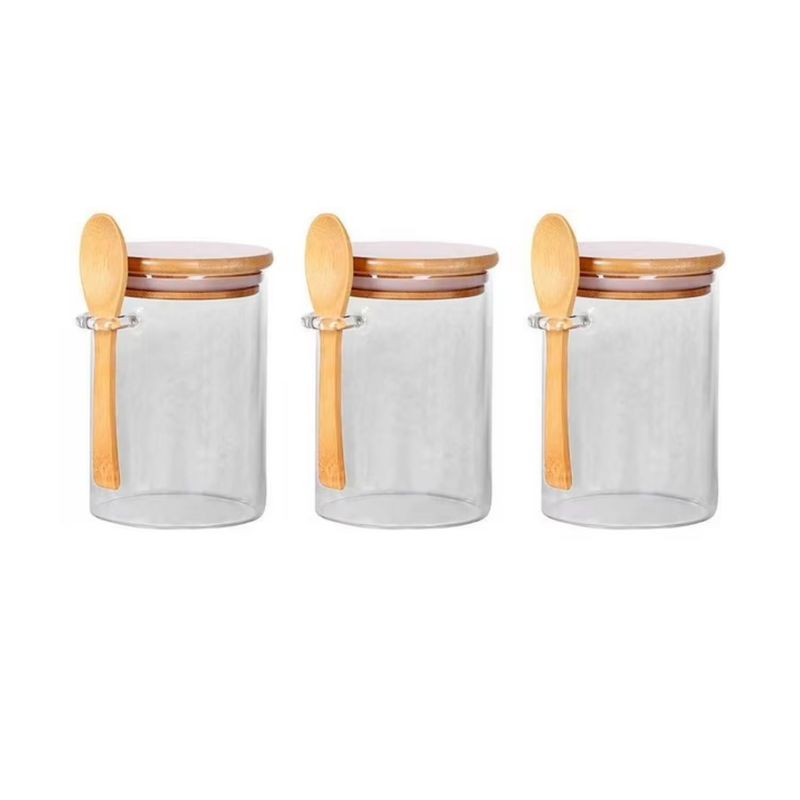 GENERICO - Set 3 Frascos Hermeticos 700mL 10cm Redondo Cuchara Tapa Bambú
